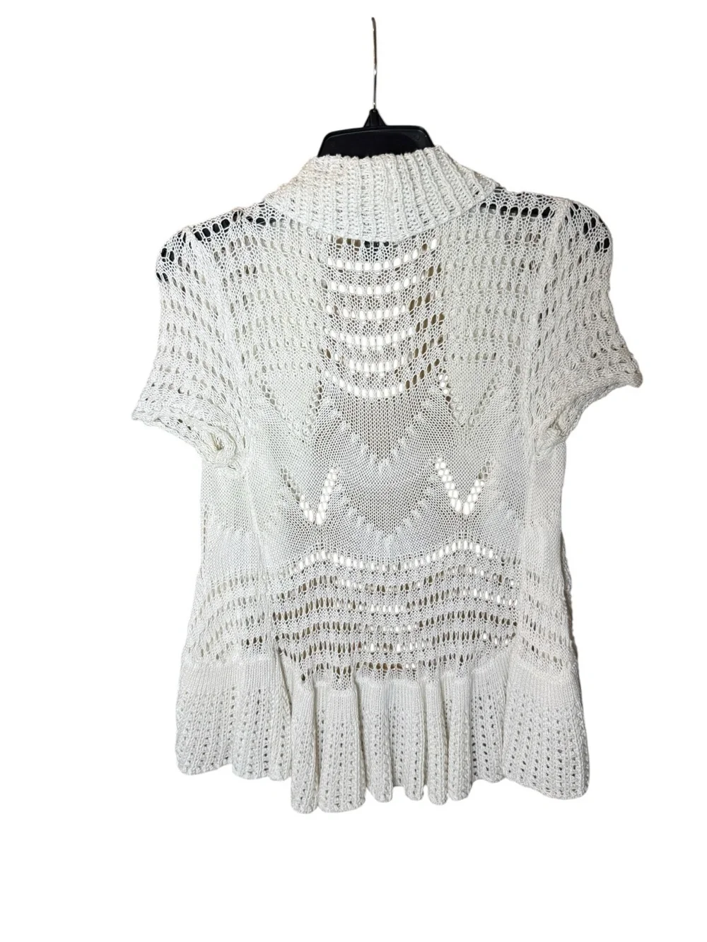 Say What? White Open-Knit Short Sleeve Draped Collar Boho Cardigan Size Small - Picture 3 of 6